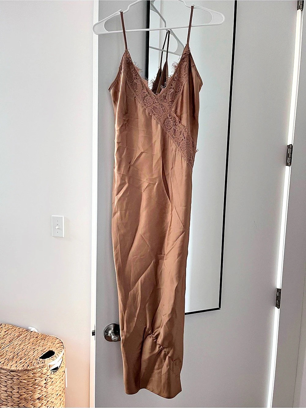 TOPSHOP Satin V Neck Maxi Slip Dress with Lace Inserts Brown US 4